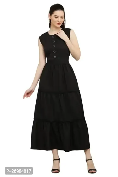Artista Girl Womens Georgette Round Neck Fit  Flare Solid Dress (Black_ZFSKU-882)