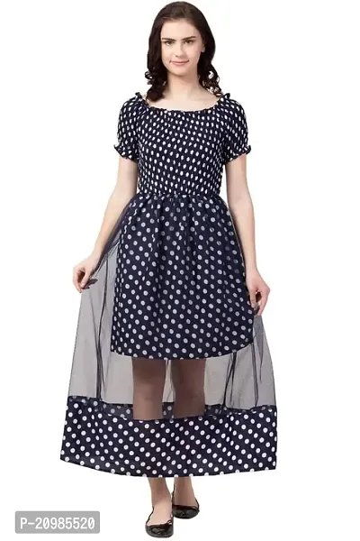Artista Girl Womens Crepe Round Neck A-Line Polka Dot Print Dress (Dark Blue)