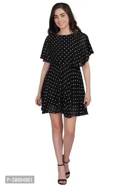 Artista Girl Womens Crepe Round Neck Fit  Flare Polka Dot Print Dress (Black)