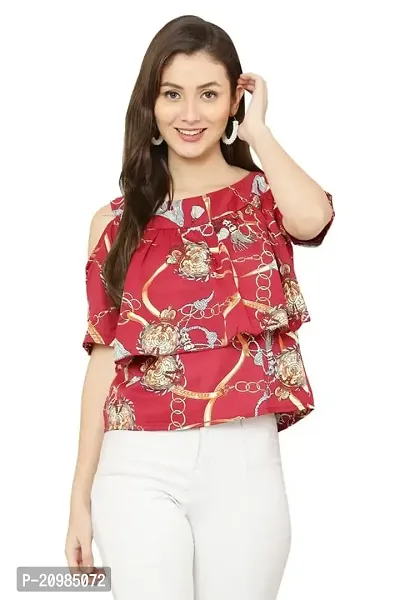 Artista Girl Womens Georgette Round Neck Regular Fit Printed Top (Red)