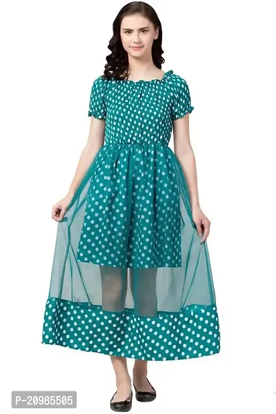 Artista Girl Womens Crepe Round Neck A-Line Polka Dot Print Dress (Rama Green)