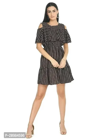 Artista Girl Womens Georgette Round Neck Fit  Flare Polka Dot Print Dress (Brown)-thumb0