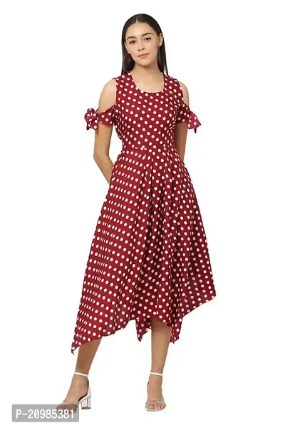 Artista Girl Womens Georgette Round Neck Fit  Flare Polka Dot Print Dress (Maroon)