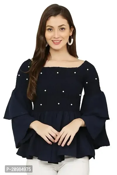 Artista Girl Womens Georgette Square Neck Fit  Flare Solid Top (Navy Blue)