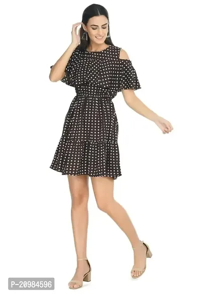 Artista Girl Womens Georgette Round Neck Fit  Flare Polka Dot Print Dress (Brown)-thumb2