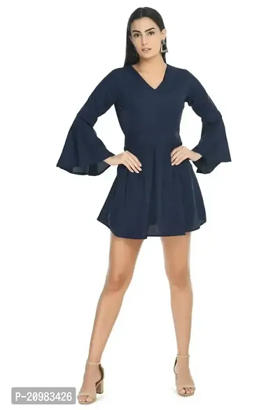 Artista Girl Womens Georgette V-Neck Fit  Flare Solid Print Dress (Navy Blue)