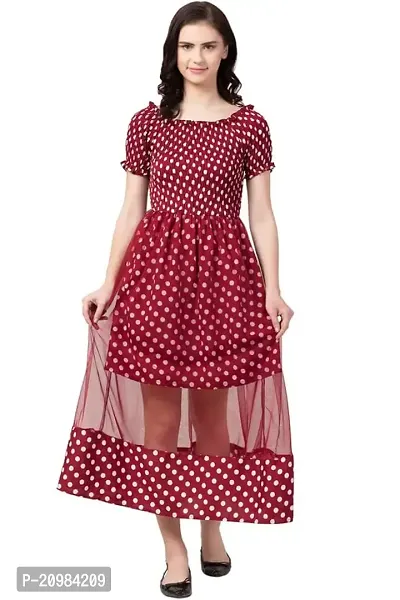 Artista Girl Womens Crepe Round Neck A-Line Polka Dot Print Dress (Maroon)