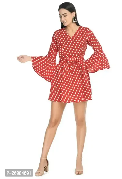 Artista Girl Womens Georgette V-Neck Fit  Flare Polka Dot Print Dress (Red)