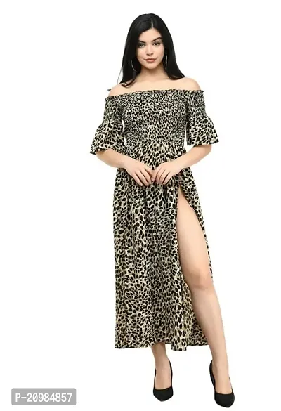 Artista Girl Womens Georgette Square Neck Fit  Flare Leopard Print Side Slit One Piece Dress (Multicolor)-thumb5