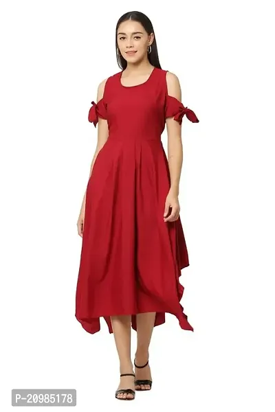 Artista Girl Womens Georgette Round Neck Fit  Flare Solid Print Dress (Red_ZFSKU-456)