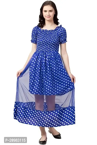 Artista Girl Womens Crepe Round Neck A-Line Polka Dot Print Dress (Royal Blue)-thumb4