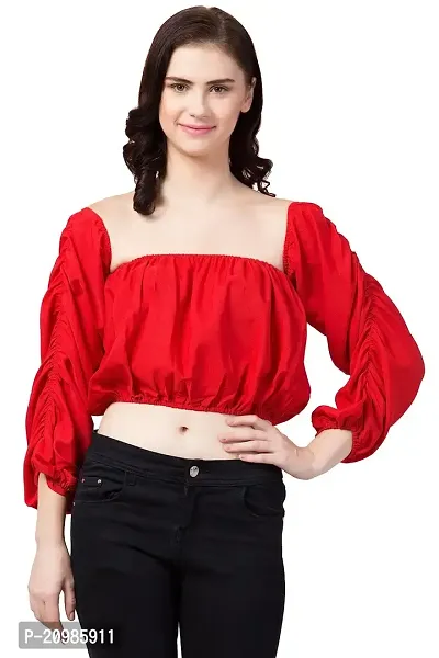 Artista Girl Womens Georgette Square Neck Regular Fit Solid Print Crop Top (Red)