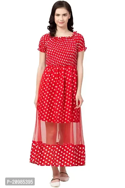 Artista Girl Womens Crepe Round Neck A-Line Polka Dot Print Dress (Red)