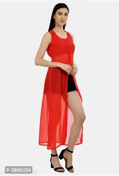 Artista Girl Womens Georgette Round Neck A-Line Solid One Piece Set (Red)-thumb2