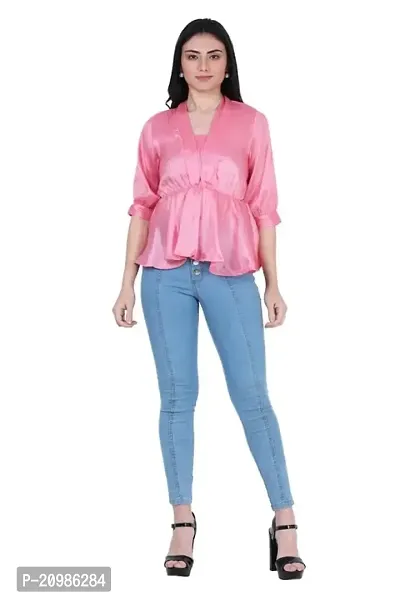 Artista Girl Womens Satin V-Neck Regular Fit Solid Crop Top (Light Pink)