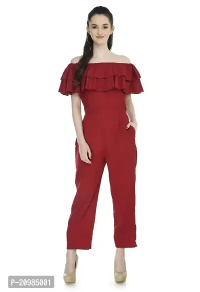 Artista Girl Womens Georgette Off Shoulder A-Line Solid Print Jumpsuit (Red)