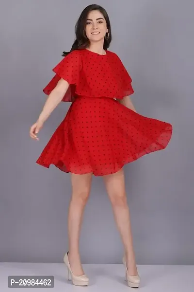 Artista Girl Womens Crepe Round Neck Fit  Flare Polka Dot Print Dress (Red)-thumb3