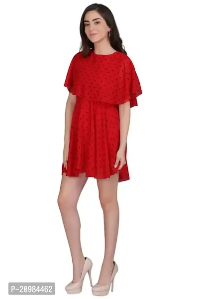Artista Girl Womens Crepe Round Neck Fit  Flare Polka Dot Print Dress (Red)