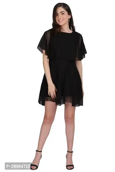 Artista Girl Womens Crepe Round Neck Fit  Flare Solid Dress (Black)