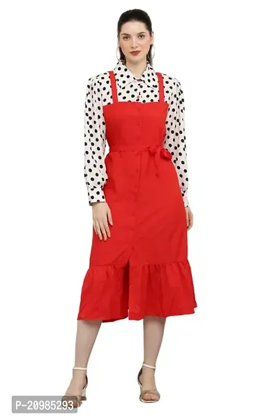 Artista Girl Womens Georgette Collerd Neck A-Line Polka Dot Print Two Piece Set (Red)