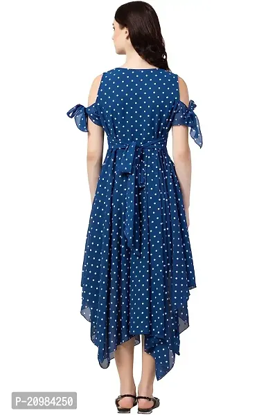 Artista Girl Womens Georgette Round Neck Fit  Flare Polka Dot Print Dress (Blue_ZFSKU-242)-thumb2