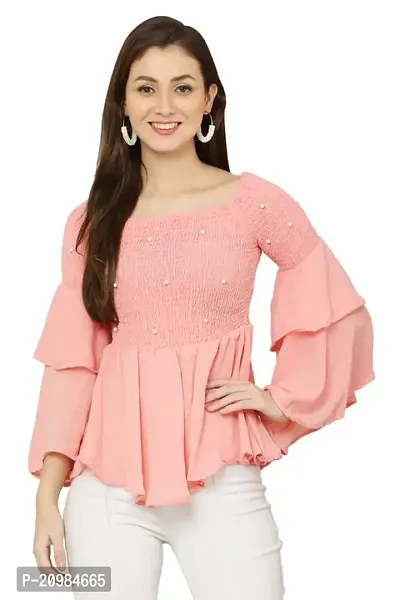 Artista Girl Womens Georgette Square Neck Fit  Flare Solid Top (Peach_ZFSKU-903)