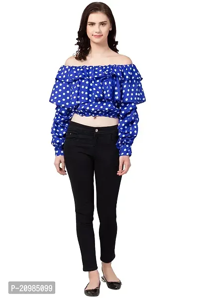 Artista Girl Womens Georgette Off Shoulder Regular Fit Polka Dot Print Crop Top (Blue)