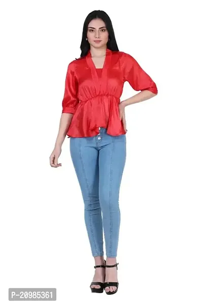 Artista Girl Womens Satin V-Neck Regular Fit Solid Crop Top (Red)