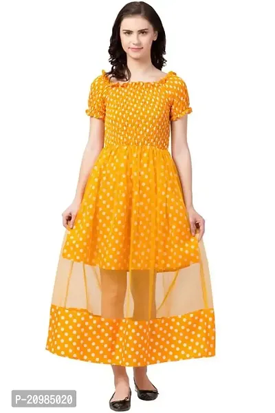 Artista Girl Womens Crepe Round Neck A-Line Polka Dot Print Dress (Yellow)