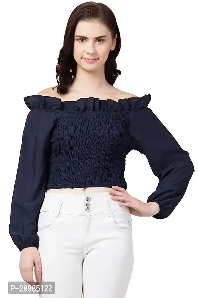 Artista Girl Womens Georgette Round Neck Regular Fit Solid Print Crop Top (Navy Blue)