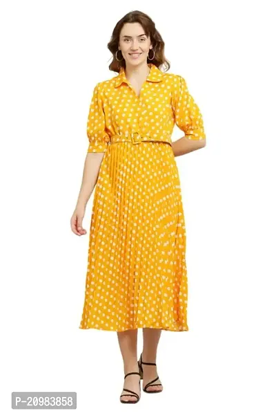 Artista Girl Womens Georgette V-Neck Fit  Flare Polka Dot Print One Piece Dress (Yellow)