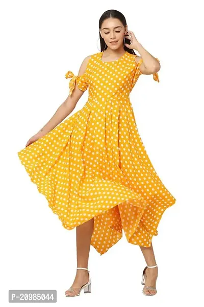Artista Girl Womens Georgette Round Neck Fit  Flare Polka Dot Print Dress (Yellow)