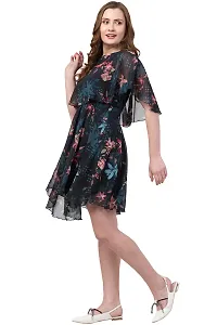 Artista Girl Womens Georgette Round Neck Fit  Flare Floral Print Dress (Blue)-thumb2