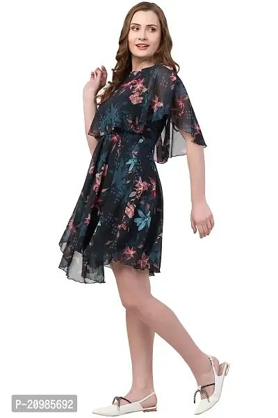 Artista Girl Womens Georgette Round Neck Fit  Flare Floral Print Dress (Blue)-thumb3