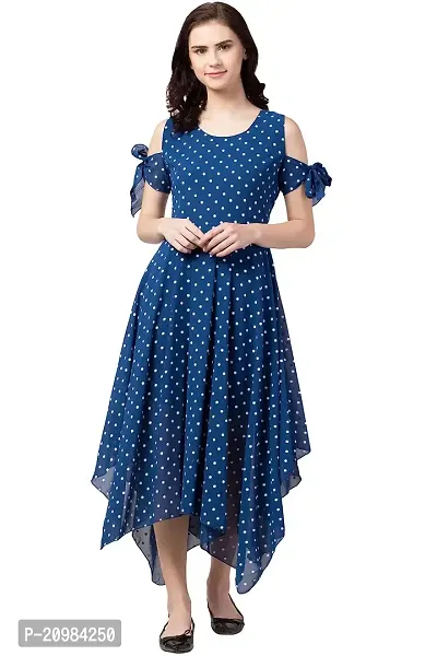 Artista Girl Womens Georgette Round Neck Fit  Flare Polka Dot Print Dress (Blue_ZFSKU-242)-thumb0