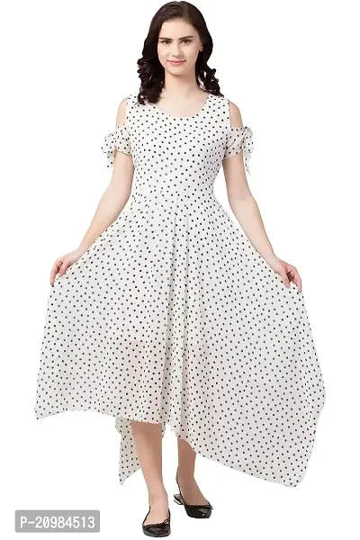 Artista Girl Womens Georgette Round Neck Fit  Flare Polka Dot Print Dress (White_ZFSKU-243)