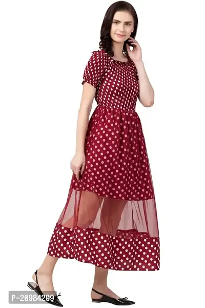Artista Girl Womens Crepe Round Neck A-Line Polka Dot Print Dress (Maroon)-thumb4
