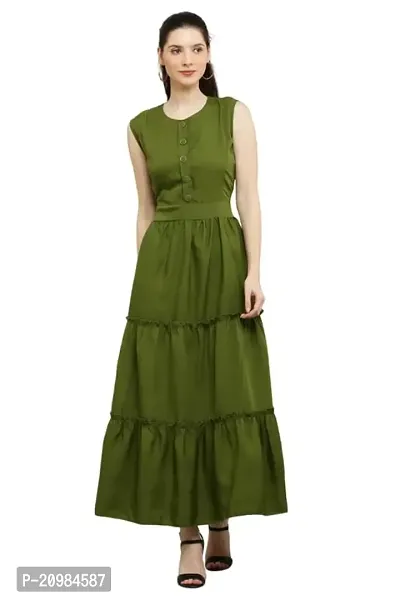 Artista Girl Womens Georgette Round Neck Fit  Flare Solid Dress (Mehandi Green)