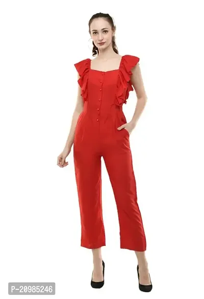 Artista Girl Womens Georgette Square Neck A-Line Solid Print Jumpsuit (Red)