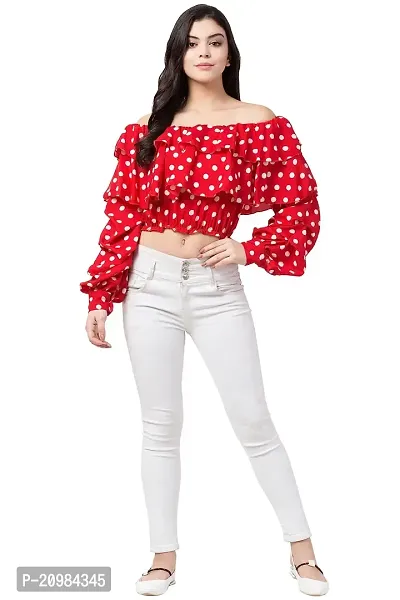 Artista Girl Womens Georgette Off Shoulder Regular Fit Polka Dot Print Crop Top (Red)