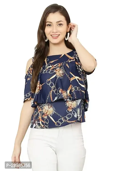 Artista Girl Womens Georgette Round Neck Regular Fit Printed Top (Blue)-thumb0