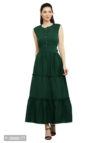 Artista Girl Womens Georgette Round Neck Fit  Flare Solid Dress (Dark Green)