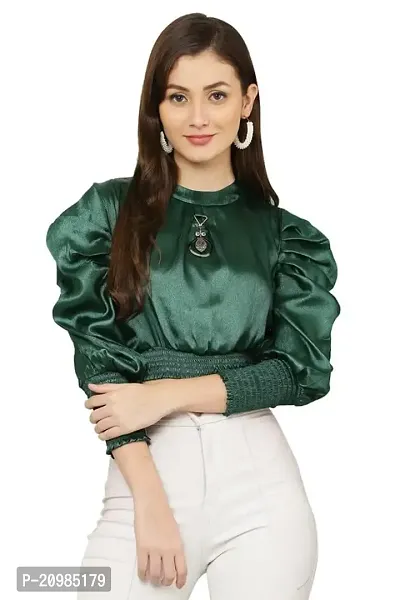 Artista Girl Womens Georgette Mock Neck Regular Fit Solid Crop Top (Emerald Green)