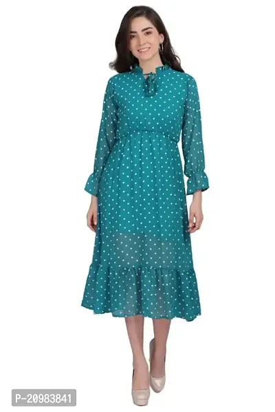 Artista Girl Womens Crepe Halter Neck Fit  Flare Polka Dot Print Dress (Rama Green)