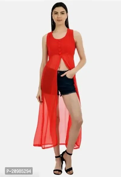 Artista Girl Womens Georgette Round Neck A-Line Solid One Piece Set (Red)-thumb5