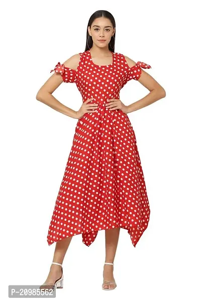 Artista Girl Womens Georgette Round Neck Fit  Flare Polka Dot Print Dress (Red_ZFSKU-449)