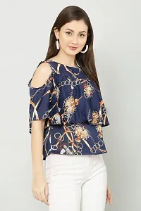 Artista Girl Womens Georgette Round Neck Regular Fit Printed Top (Blue)-thumb2