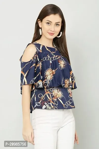 Artista Girl Womens Georgette Round Neck Regular Fit Printed Top (Blue)-thumb3
