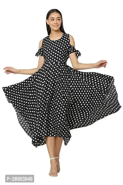 Artista Girl Womens Georgette Round Neck Fit  Flare Polka Dot Print Dress (Black_ZFSKU-450)