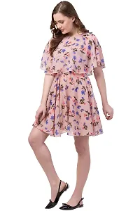 Artista Girl Womens Georgette Round Neck Fit  Flare Autumn Floral Print Dress (Peach)-thumb1